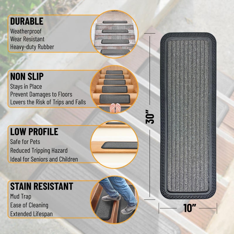 Ottomanson Indoor/Outdoor Hose-Wash Striped Design Non-Slip Rubber 10" x 30" Modern Stair Treads for Stairs, Garage, Patio, 5 Pack, Gray - Image 3